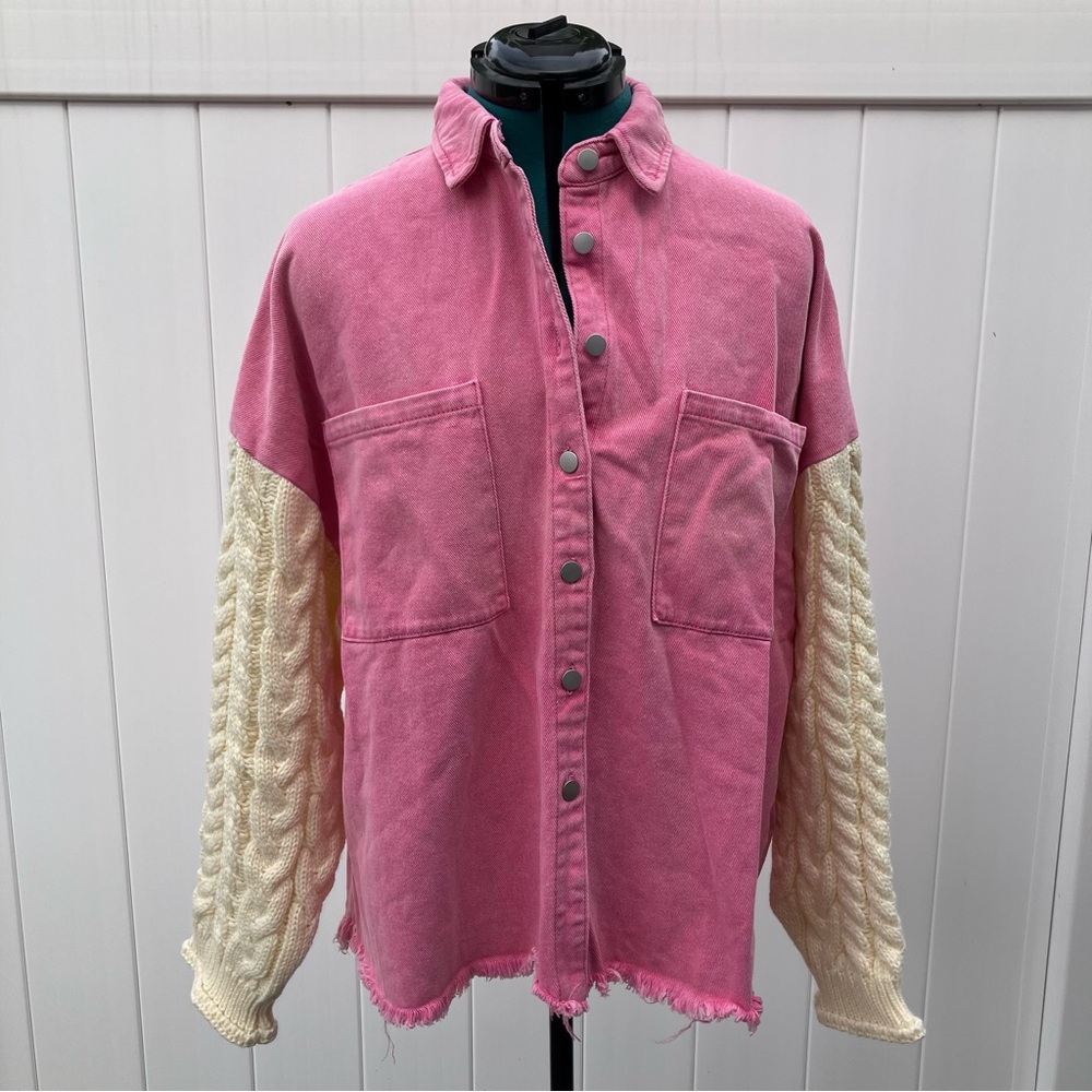 POL Check My Pulse Pink Denim and Cream Sweater Knit Shacket Button Up